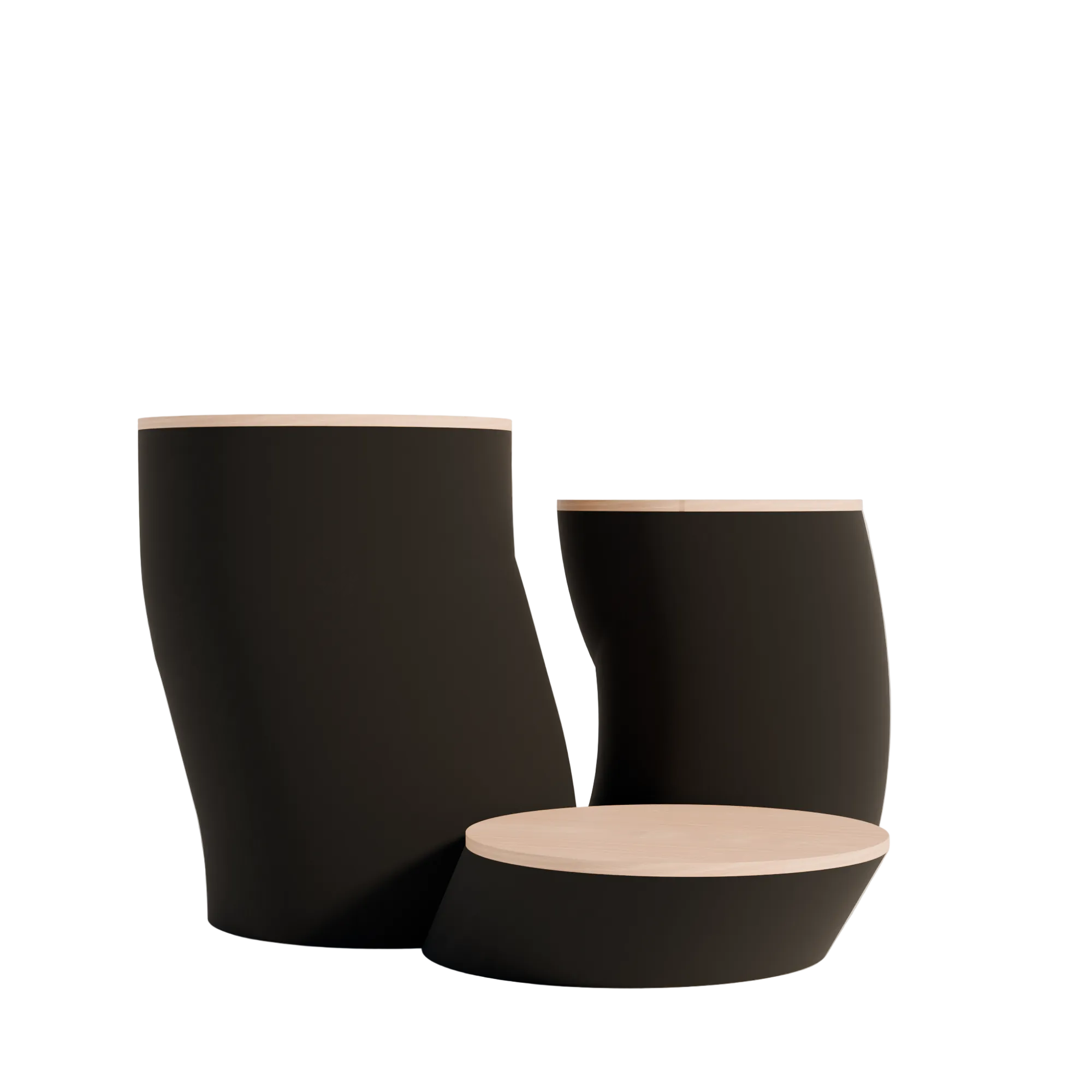 Two black cylindrical containers with wooden tops on a light gray background