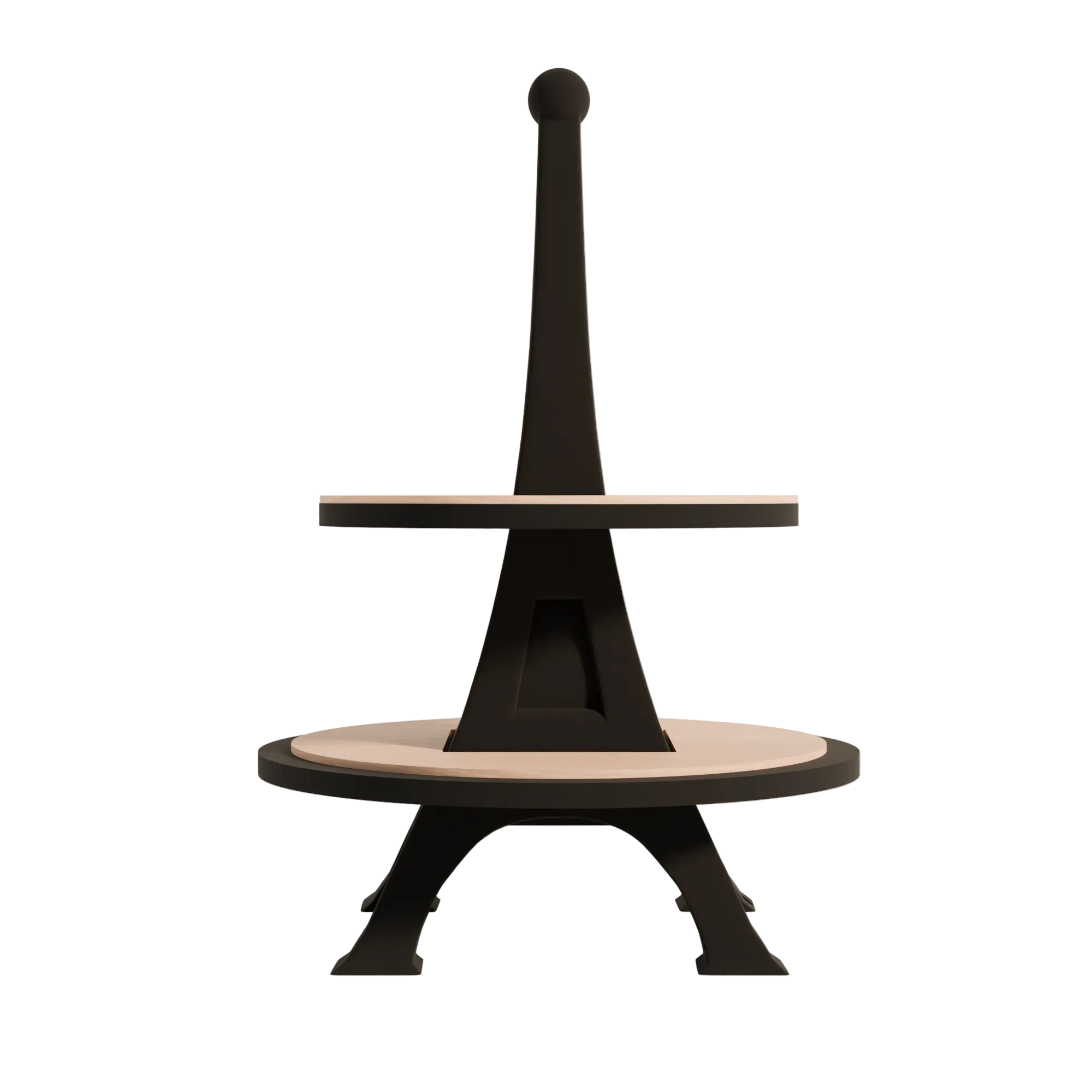 Two-tiered stand designed like the Eiffel Tower on a light gray background