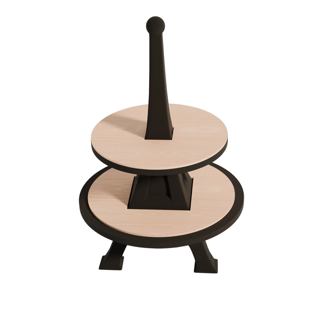Wooden stool with black base and handle on a light gray background