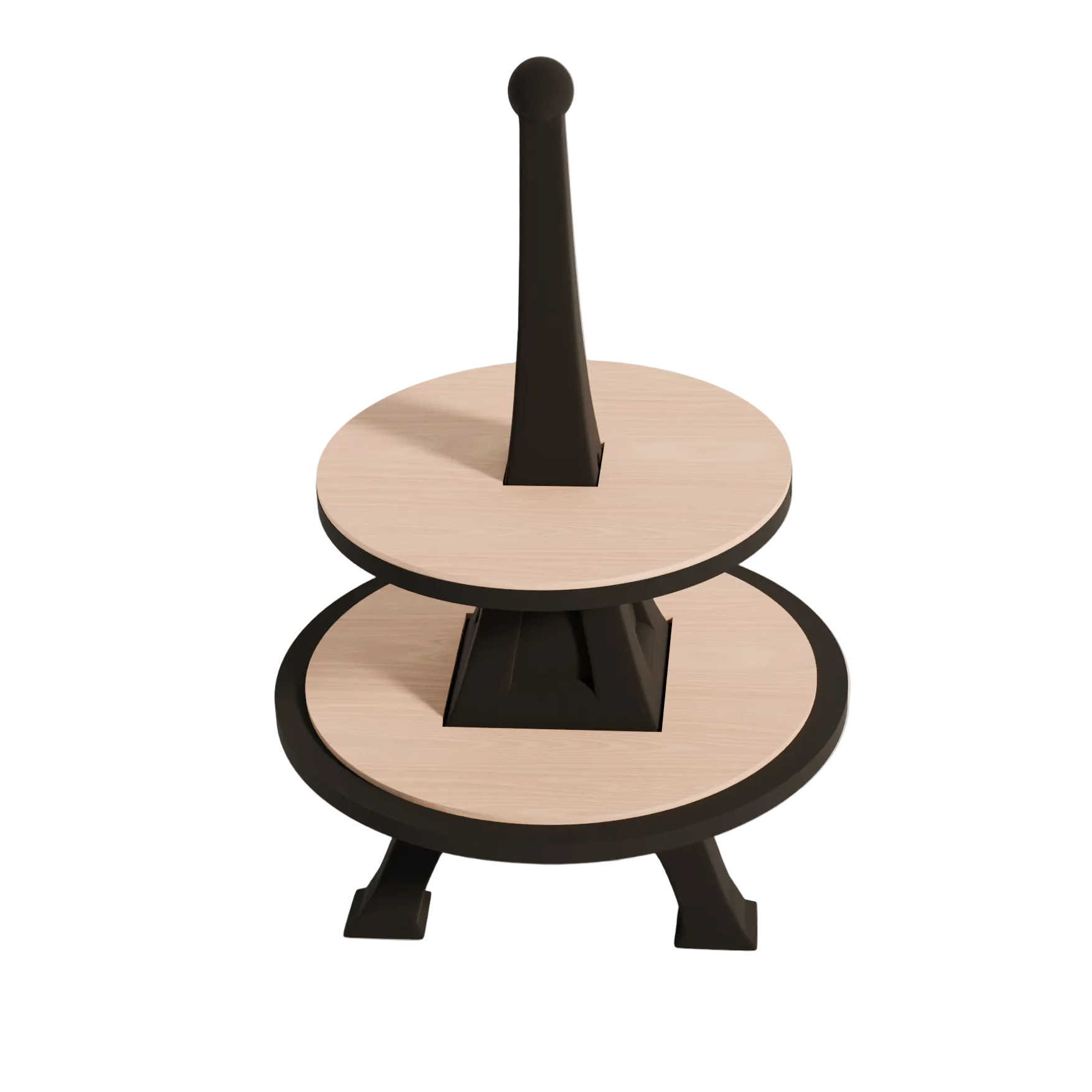 Wooden stool with black base and handle on a light gray background