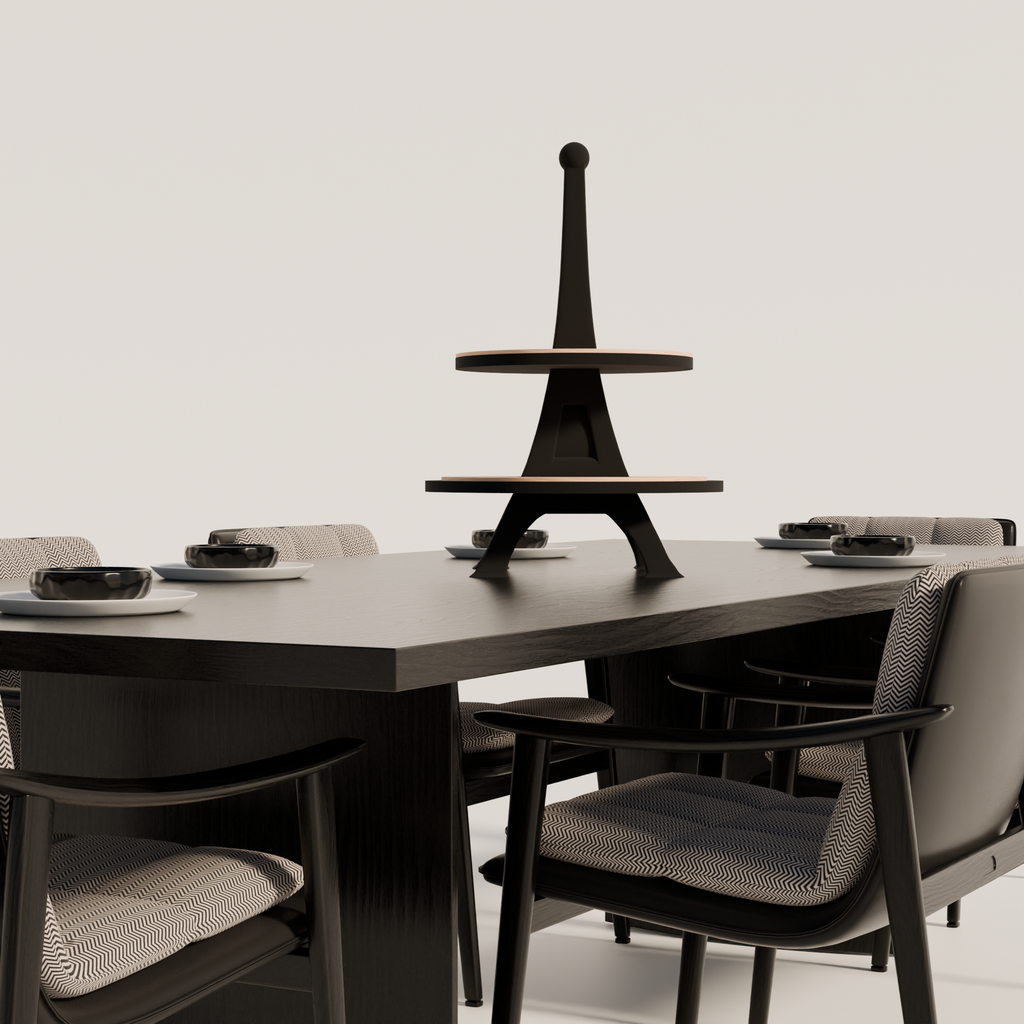 Dining table set with chairs and a decorative tower in a minimalistic setting